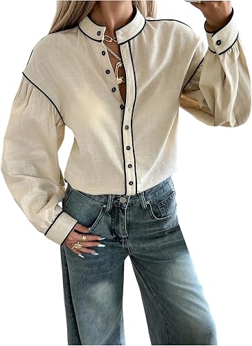 SOLY HUX Women's Button Down Long Sleeve Shirt Mock Neck Dressy Casual Blouse Of