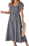 CUPSHE Women's Square Neck Striped Smocked Dress Ruffled Cap Sleeves Dress A Line Maxi Dress