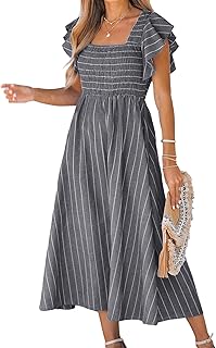 CUPSHE Women's Summer Dress Square Neck Flounce Sleeves Pinstripes A Line Smocked Maxi Dress Casual Dresses Milkmaid Dress