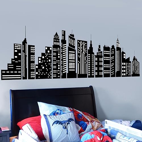 Miniatura 2 de wondever Calcomanías de pared con diseño de horizonte de ciudad, diseño de silueta de ciudad, despegar y pegar, calcomanías artísticas para pared