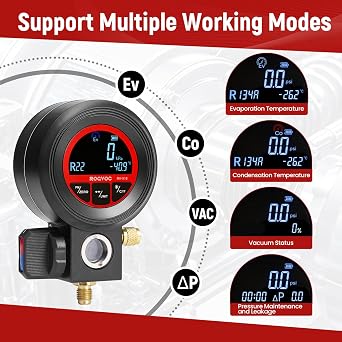 Digital Single Gauge HVAC Vacuum and Pressure Test Tool for R410A R32 R134A R1234yf AC Charging and Leak Detection LCD Display | R410A R32 R134A R1234yf、LCDディスプレイ、AC充電と漏れ検出に対応。