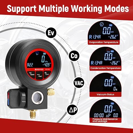 Digital Single Gauge HVAC Vacuum and Pressure Test Tool for R410A R32 R134A R1234yf AC Charging and Leak Detection LCD Display | R410A R32 R134A R1234yf、LCDディスプレイ、AC充電と漏れ検出に対応。