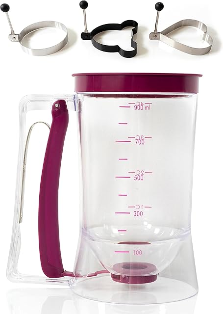 Ferata Pancake Batter Dispenser with Squeeze Handle - Large Plastic Kitchen Gadget for Home Baking, Pancake, Waffle, Muffin, Cupcake, and Crepes Mix - Complete with 3 Shaped Egg Rings