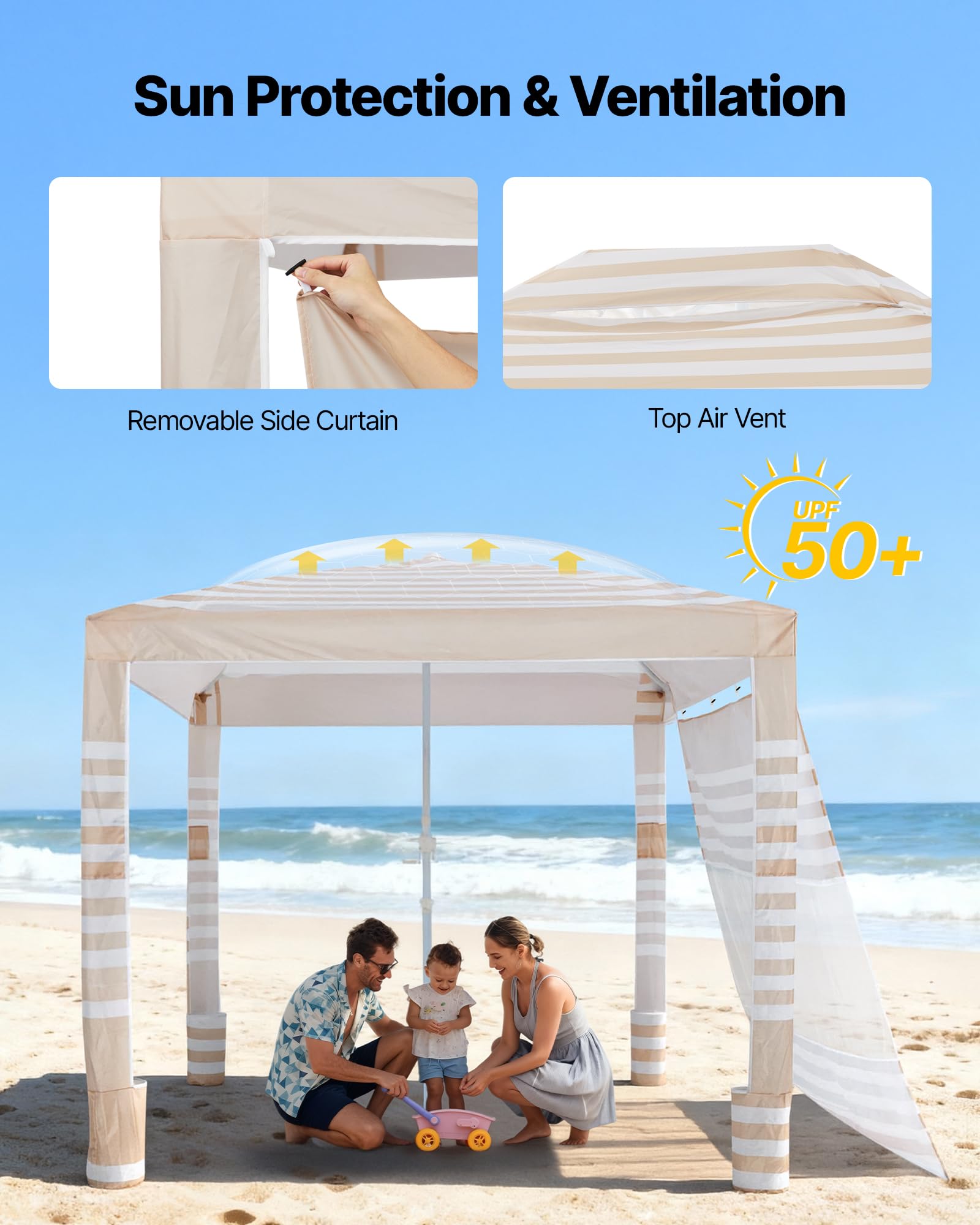 VEVOR Cabaña de Playa de 2,4 x 2,4 m, con Pared Lateral, Protección Solar UPF 50+, Incluye Sacos de Arena, Altura Ajustable y Portátil, Ideal para Toda la Familia y Amigos, Rayas Caqui y Blanco