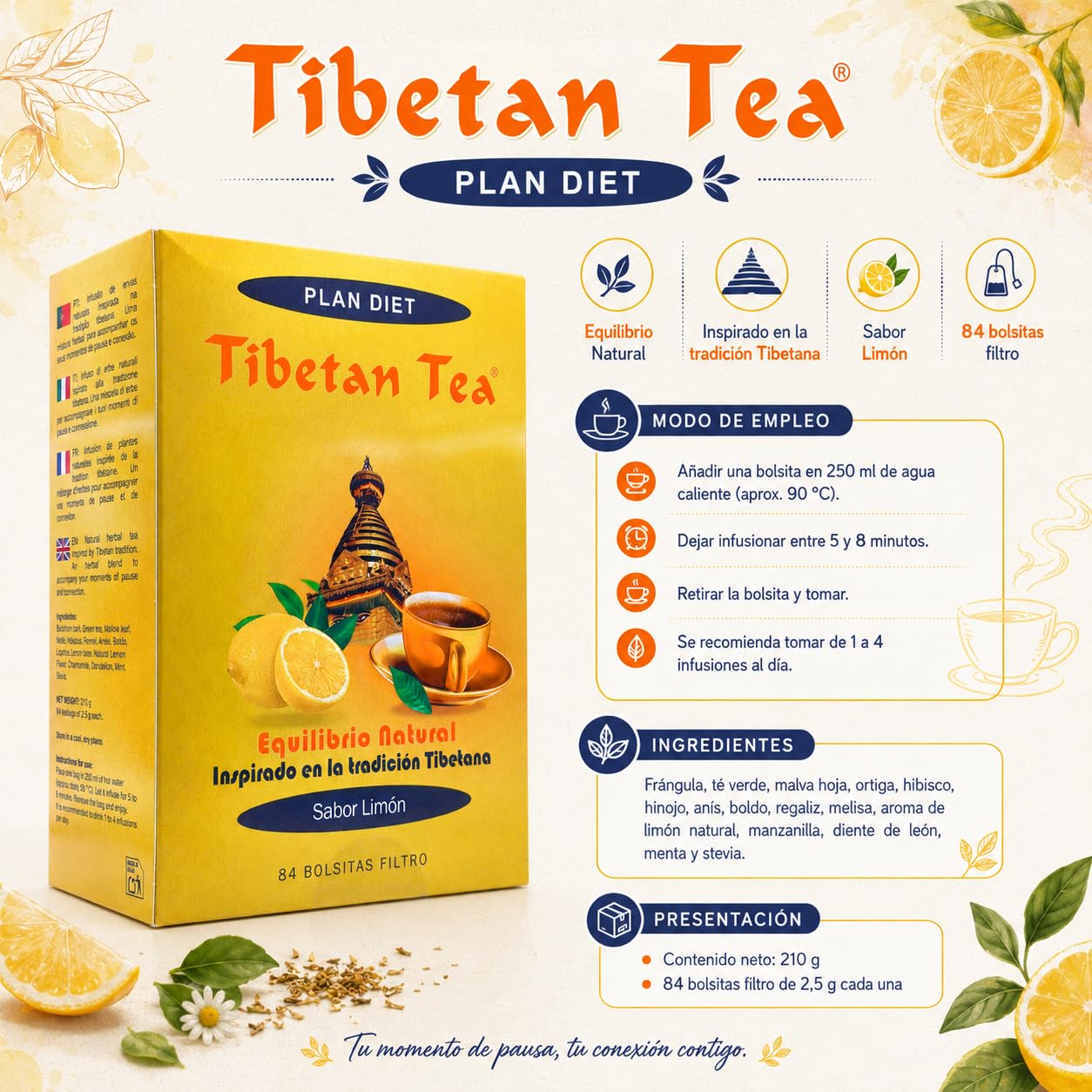 Tibetan Tea Sabor Limón 84 Bolsitas - Infusión Detox y Digestiva con Té Verde, Escaramujo y Laurel - Favorece la Regularidad Intestinal, el Control de Peso y Reduce la Hinchazón