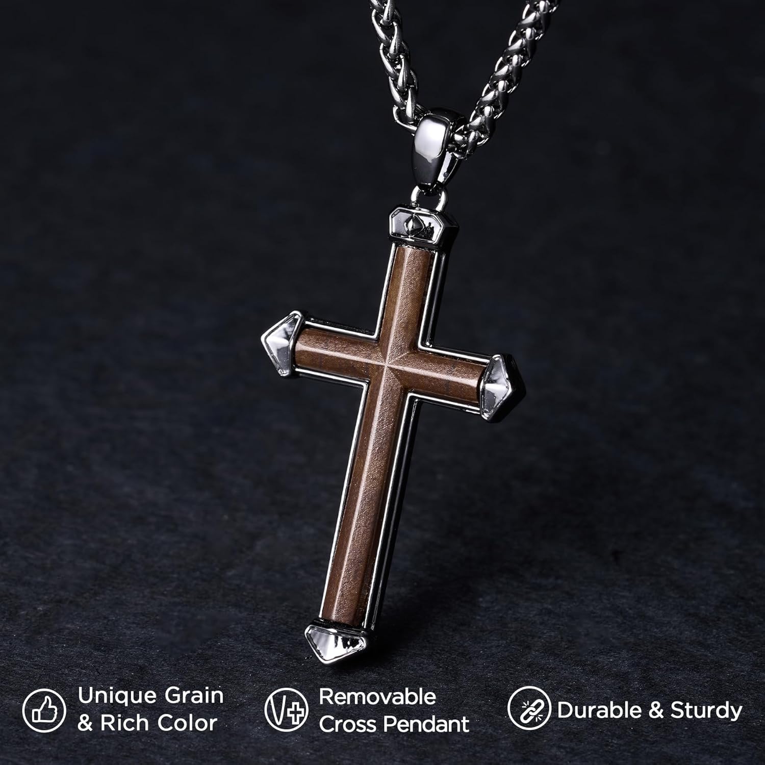 NORBU Wooden Cross Necklace for Men, Mens Black Cross Necklaces Natural Wood Cross Pendant, Christian Jewelry Religious Gifts for Him Easter Birthday Christmas - Image 2