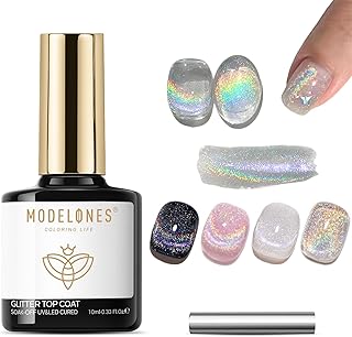 modelones Rainbow Cat Eye Gel Nail Polish Top Coat, 2-in-one 9D Glitter Clear Gel Polish with Magnet Stick Holographic Glossy Finish Long Lasting Soak Off Manicure Home Salon Nail Art 10 ML