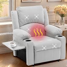 Recliner Single Sofa with Heat & Dual Cup Holders, 8-Point Vibration Living Room Chair, Comfy Reclining Sofa with Side Pockets & Tray for Living Room, Bedroom Beige