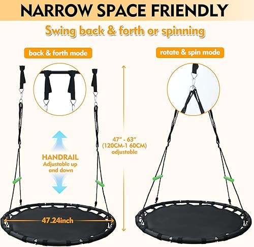 Miniatura 4 de Columpio redondo negro con asas y correas adicionales de 5 pies, hecho de marco resistente, alfombrilla de polipropileno, cuerdas ajustables de