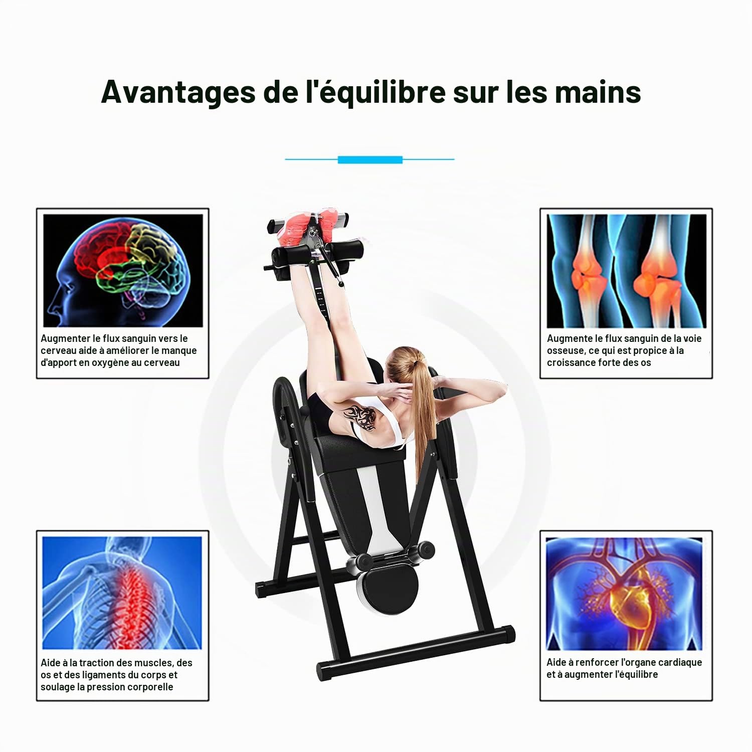 Table d'inversion de Musculation Pliable, Ceinture de sécurité réglable, Banc d'étirement pour soulager la Colonne vertébrale, Supporte jusqu'à 150 kg de Poids