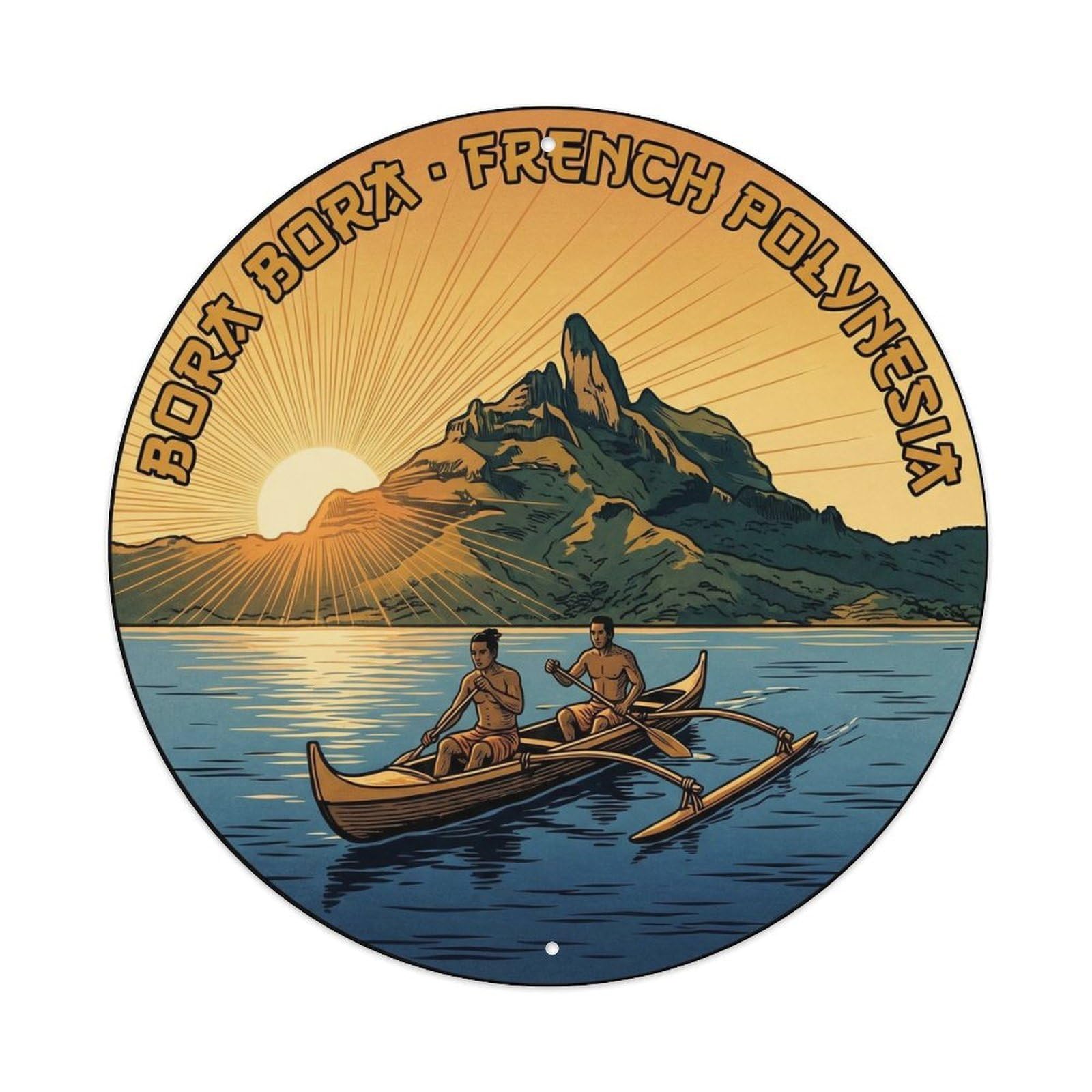 Olyhtr 8X8inch Classic Style Borabora Otemanu Sunrise Canoe Woodblock Lagoon Metal Tin Sign