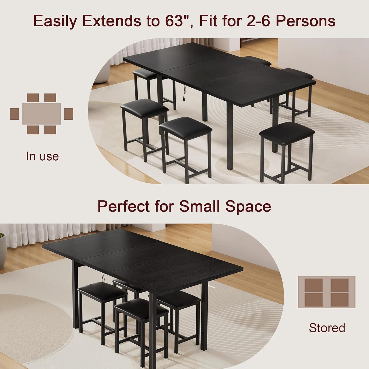 VECELO 7-Piece Dining Table Set, 63" Large Extendable Kitchen Table Set with USB Charging, Metal & Wood Support, Table with 6 PU Upholstered Stools, for 4-6, Small Space Saving Design, Black