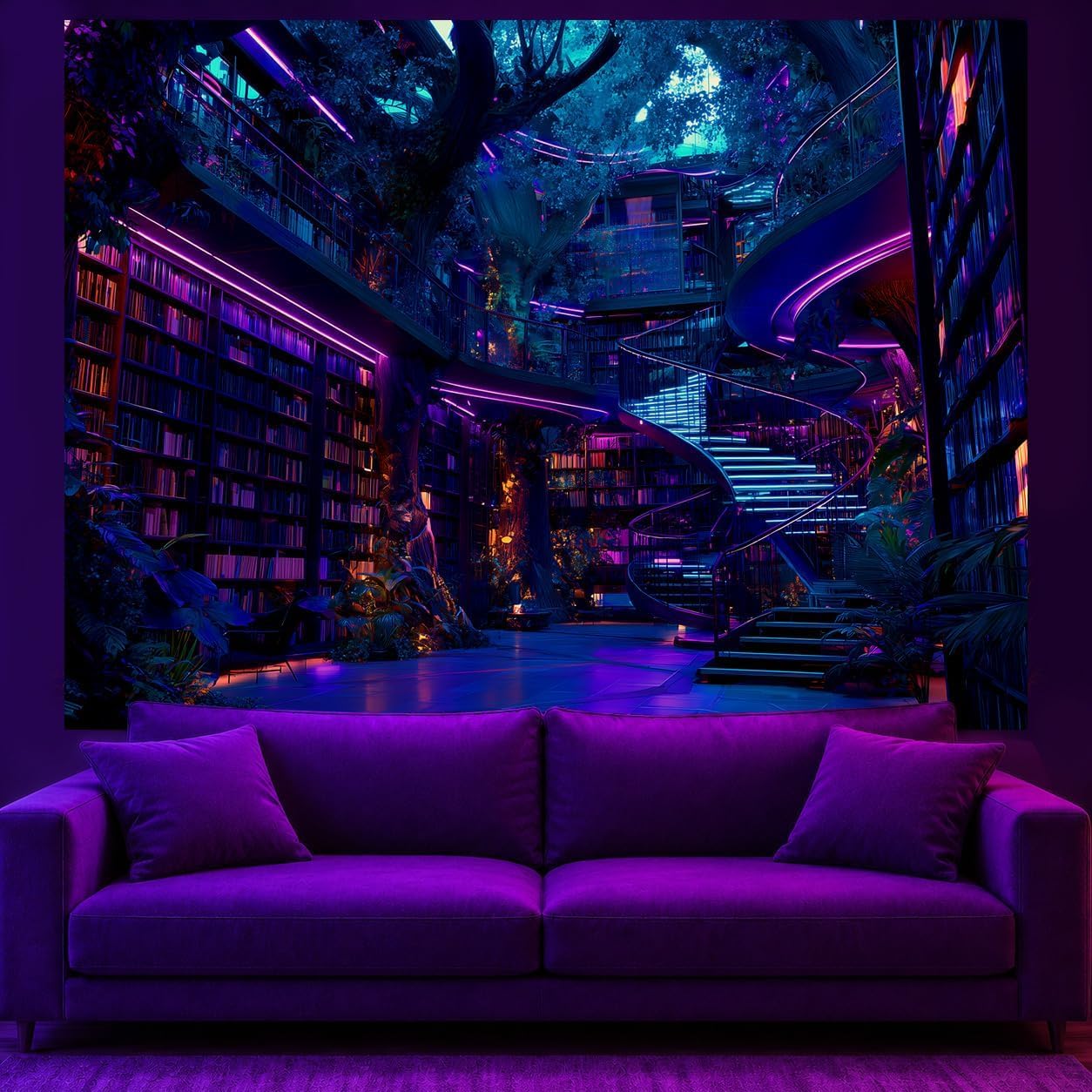 KKYEJLQYI Magic Library Tapestry Glow in the Dark Blacklight - 60"x44" Fantasy Bookshelf Wall Hanging - UV Reactive Aesthetic Room Decor for Bedroom Dorm Living Room