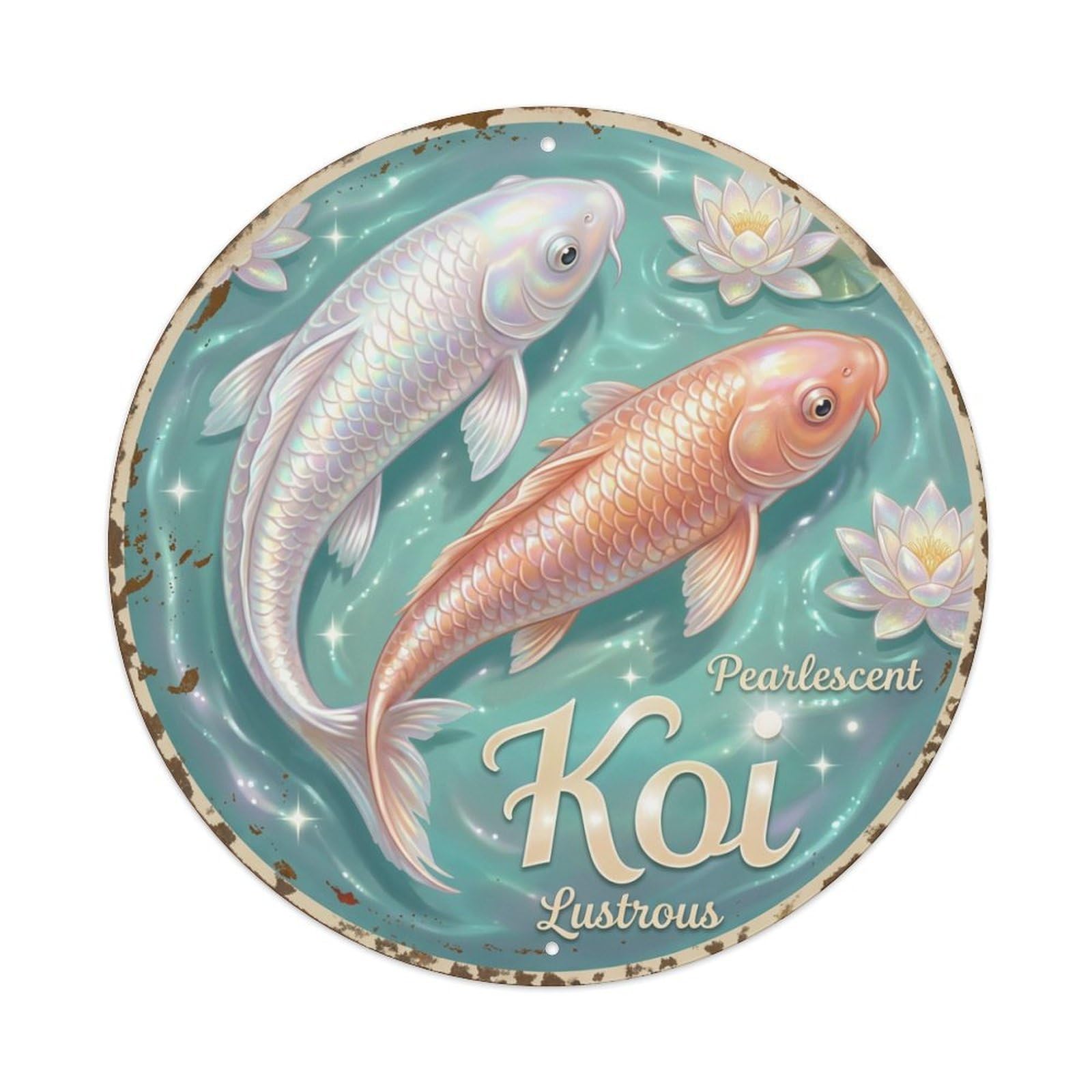 Koi Fish Pearlescent Lustrous Shimmering Waters Gleaming Metal Tin Sign
