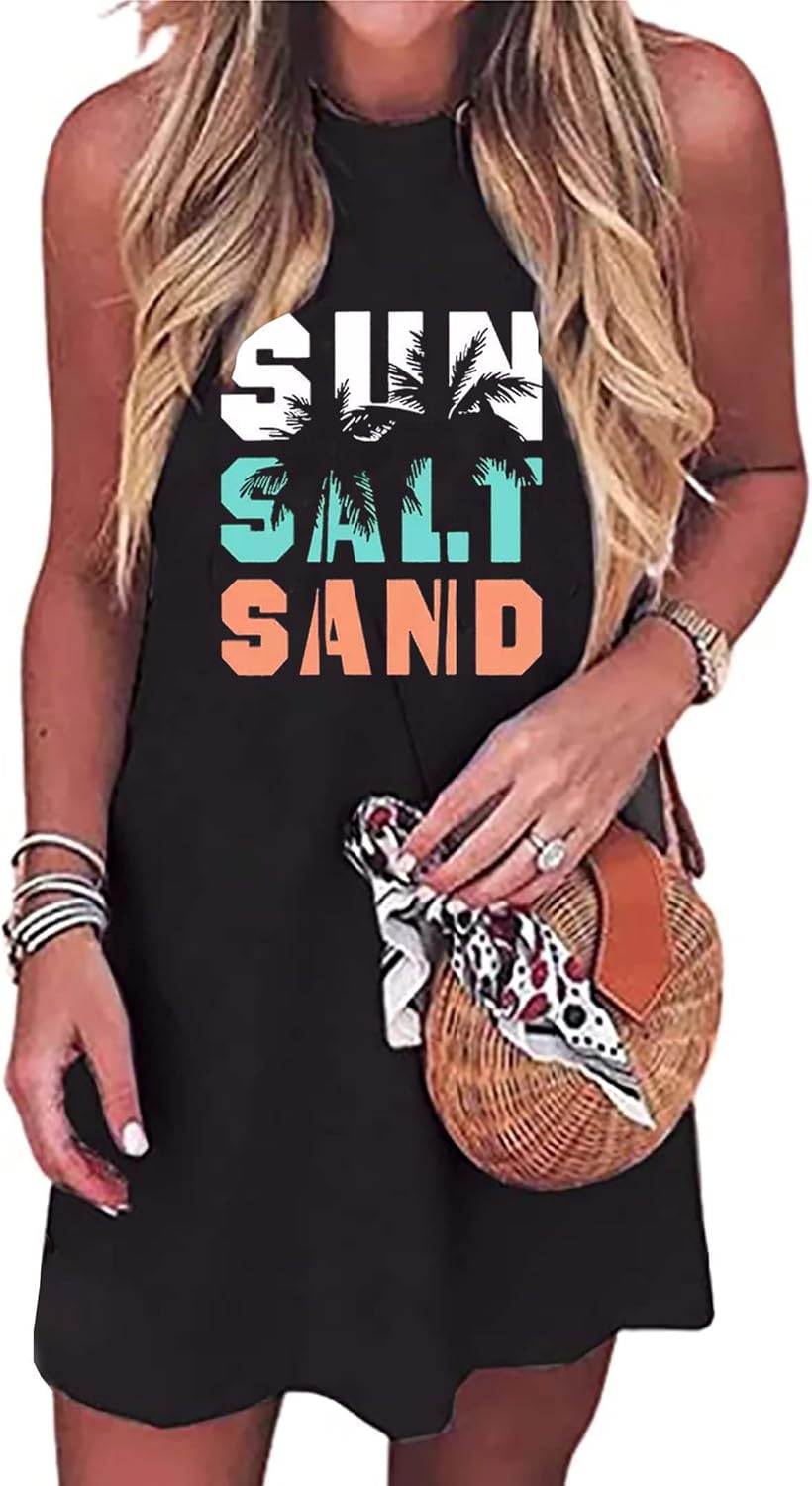 Sun Salt Sand Coconut Tree Mini Dress Women Summer Sleeveless Vacation Tank Dress Beach Praty Shirts Dress