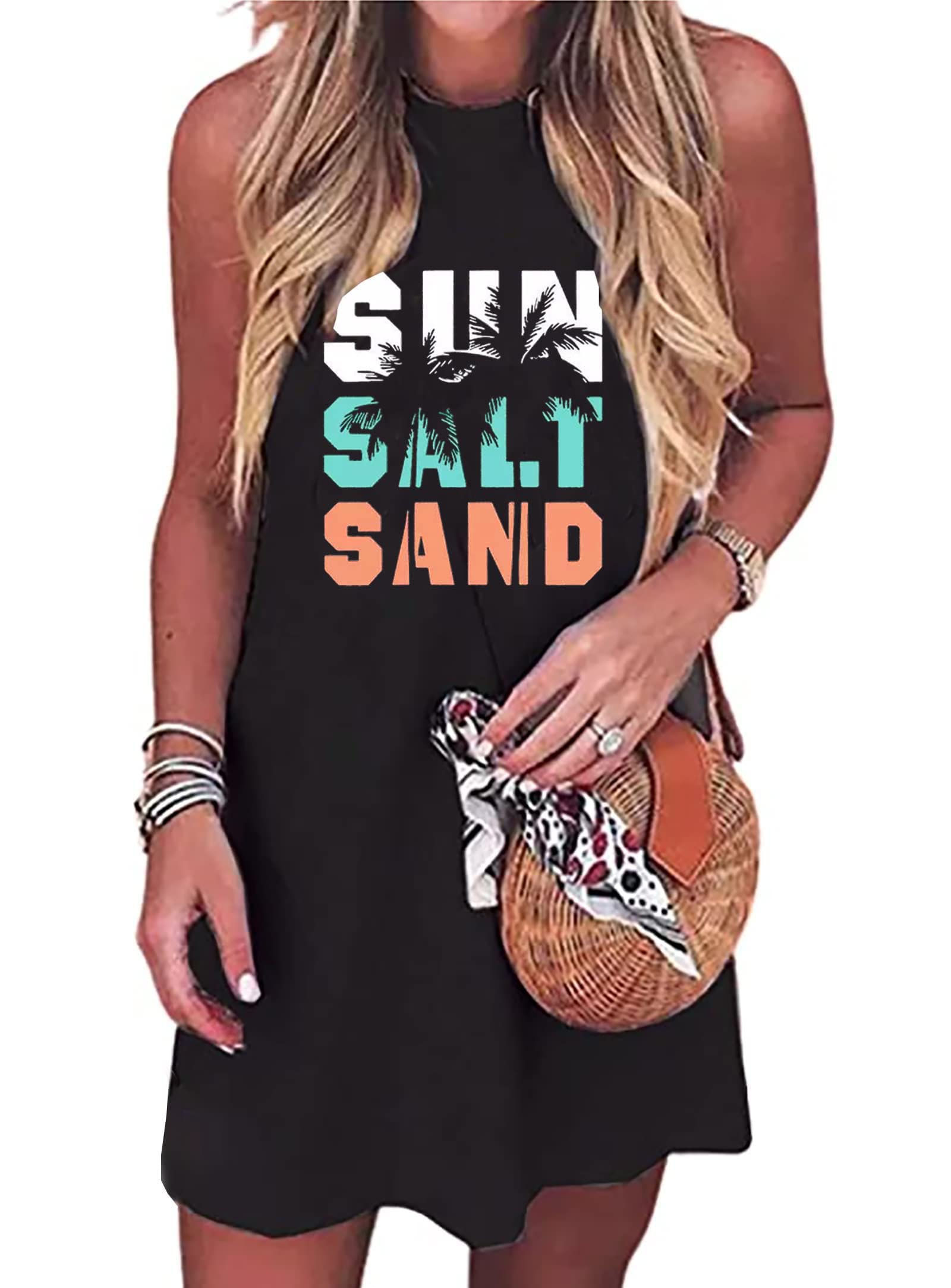 Sun Salt Sand Coconut Tree Mini Dress Women Summer Sleeveless Vacation Tank Dress Beach Praty Shirts Dress
