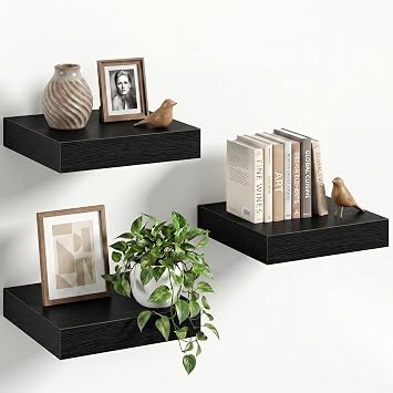8" Long x 8" Deep Floating Shelves for Wall, Set of 3, 1.5" Thick, Black