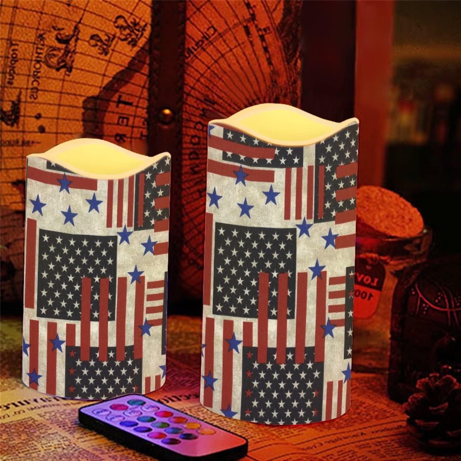 DISNIMO Velas LED sin llama con parpadeo de la bandera americana, velas de pilar de cera LED eléctricas para exteriores, para exteriores, decoración de festivales, etc
