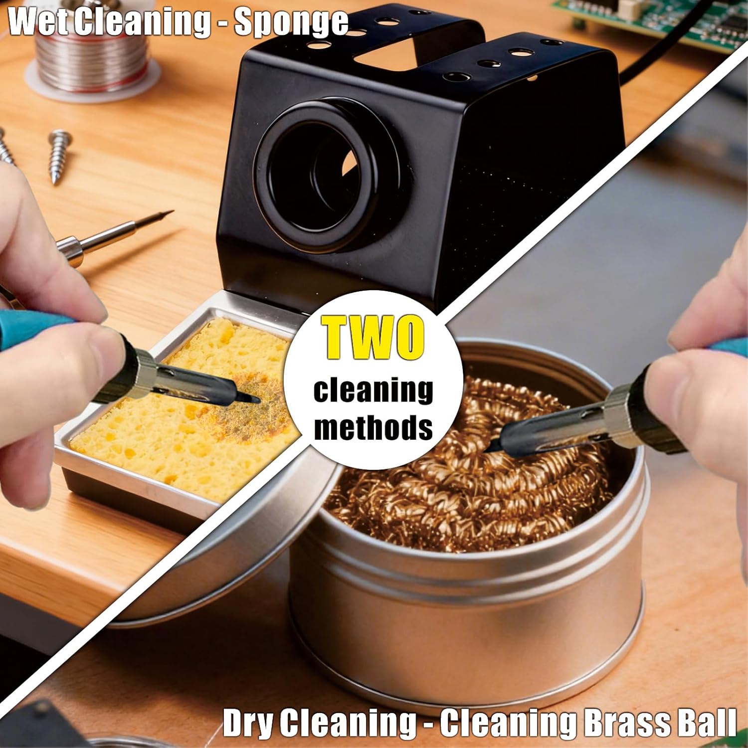 Soldering Iron Holder & Tip Cleaner Kit, Soldering Stand with Sponge Base, Includes Brass Wire Wool Cleaner & 5 Extra Cleaning Sponges, Heat-Resistant Stable Base
