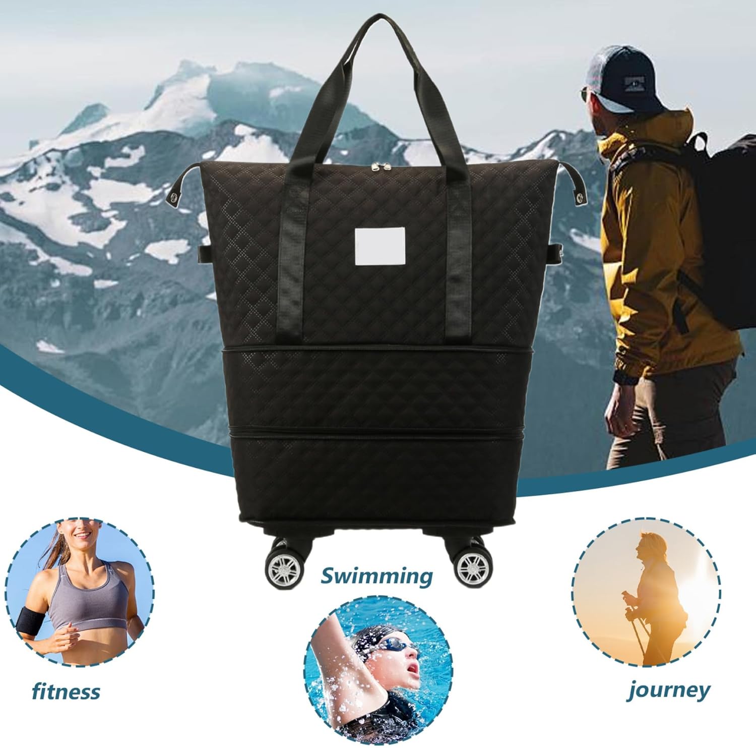 Rolling Duffle Bag with Wheels and Handle, Expandable Foldable Luggage Bag, Dry and Wet Separation Rolling Bag, Zipper Travel Carry on Bag for Gym,Camping,Travel Black, Foldable Luggage Bag