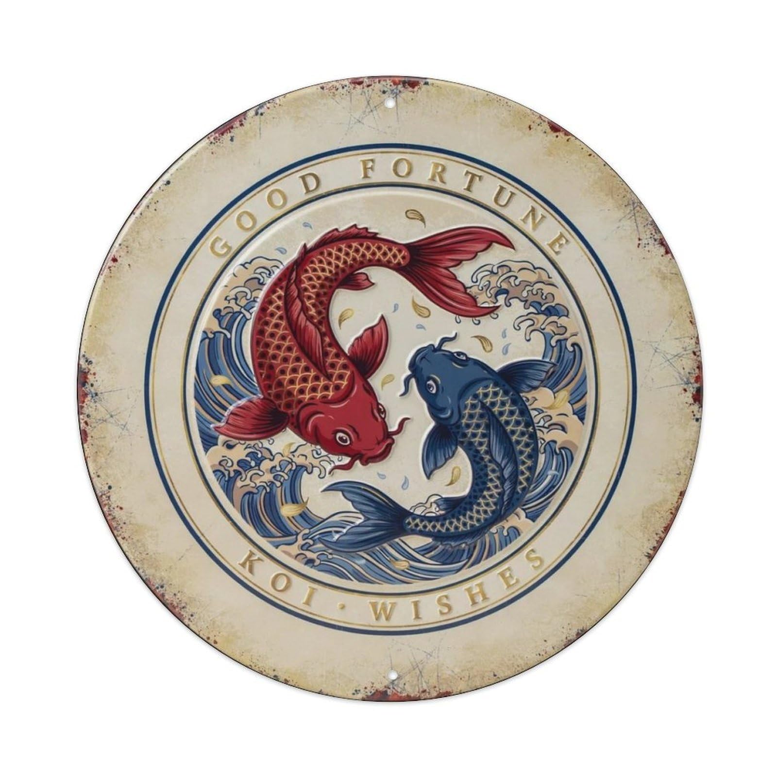 Traditional Japanese Wave Koi 3D Round Metal Tin Sign Plaque