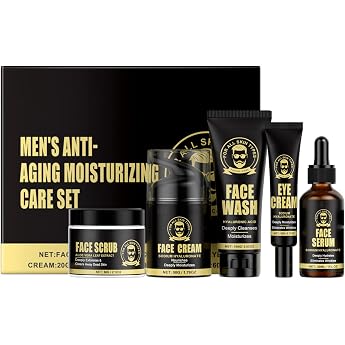 5-Piece Anti-Ageing Face Care Set for Men with Wash Gel, Exfoliation, Serum, Cream & Eye Cream for Deep Cleansing, Wrinkle Re