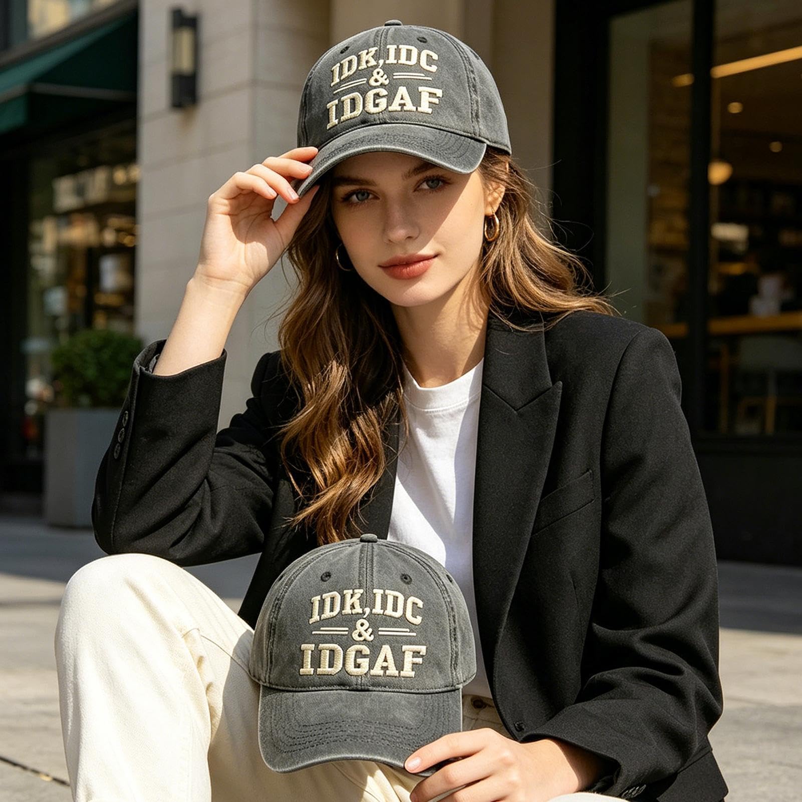 IDK IDC & IDGAF Embroidery Cap | Cotton Embroidered Adjustable Baseball Hat | Breathable Soft Dad Hat | for Adults Men Women Travel Camping Running Golf Hiking Fishing Sports Party