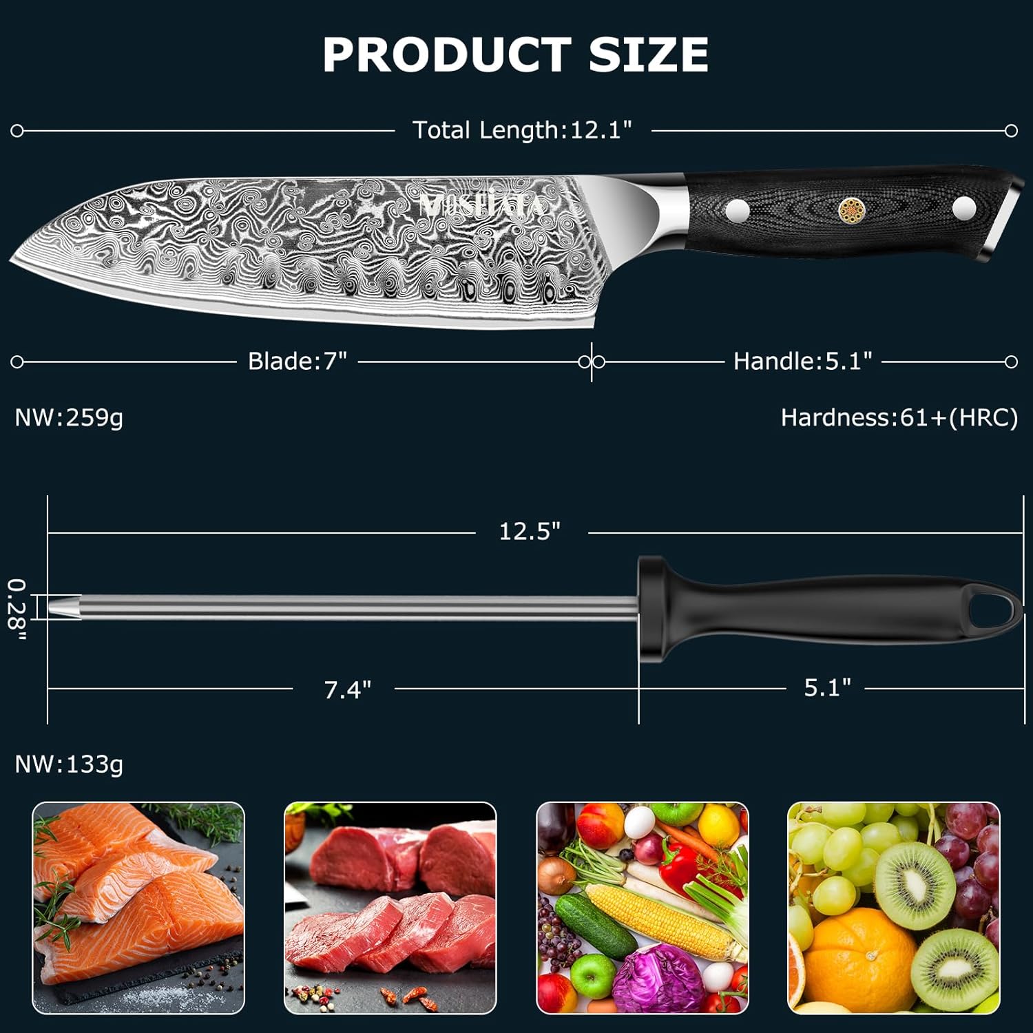 MOSFiATA Chef Knife,Kitchen Knife Santoku Chef's Knife 7 inch Multifunction Kitchen Knives Damascus Steel VG-10 Blade,Knife Sharpener Rod Gift Box