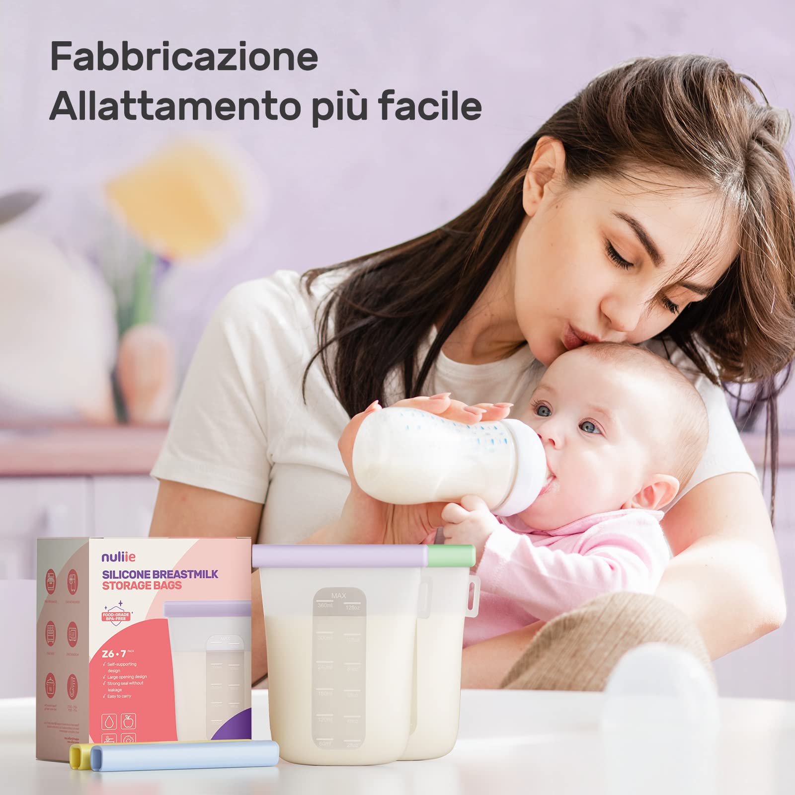 Nuliie 7 pezzi riutilizzabili contenitori latte materno, 12oz/360ml a prova di perdite, sacchetti latte materno in silicone alimentare per l'allattamento al seno, BPA Free, doppio sigillo