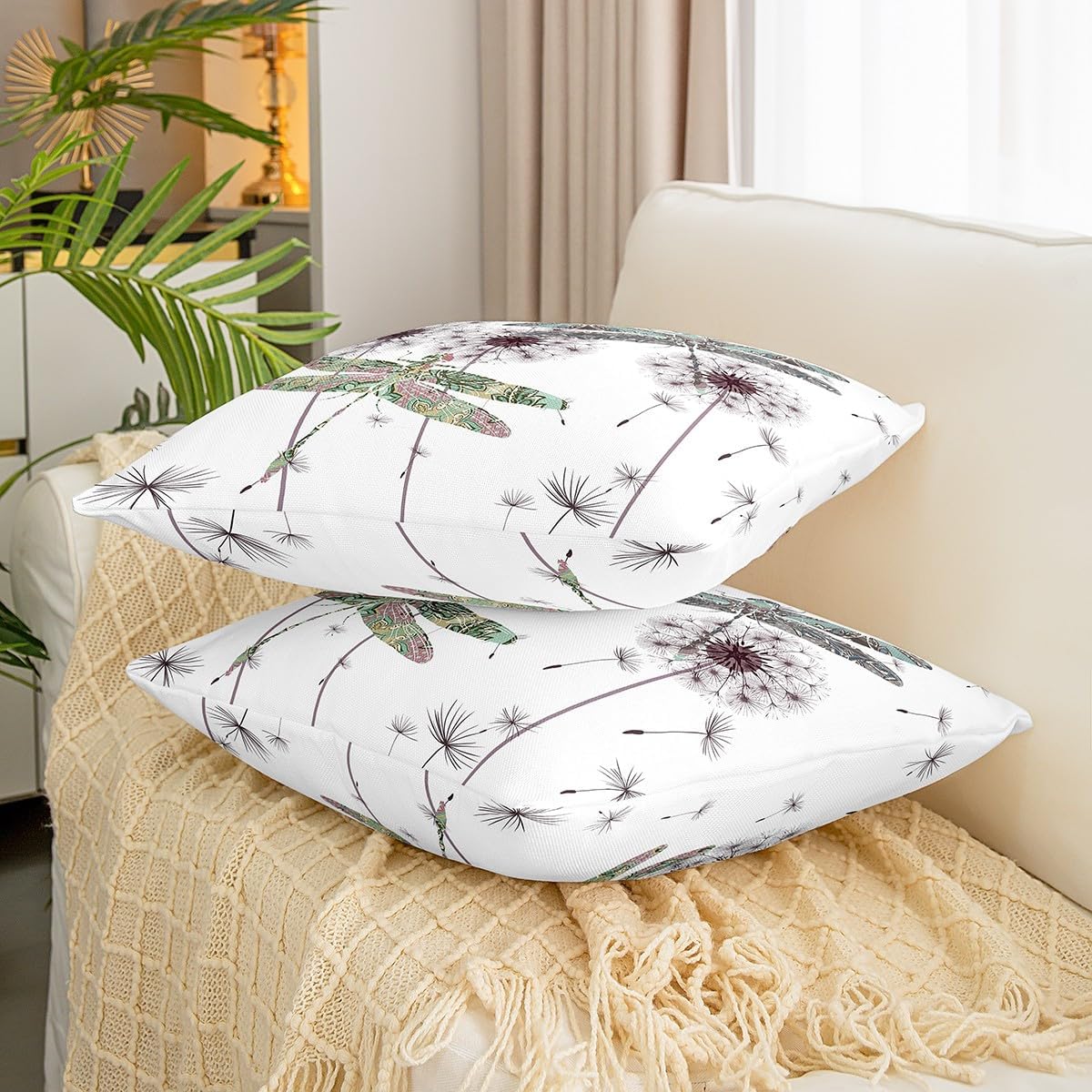 Dragonfly Gifts for Women, Dandelion Floral Throw Pillow Covers 24x24 Inch Set of 2, Dragonflies Cushion Cases, Botanical Blossom Pillow Covers, Colorful Dragonfly Wing Decorative Square Pillow Cases