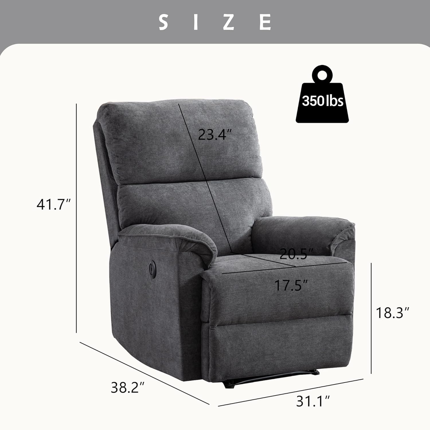 Diagram showing the dimensions of the EBELLO Power Recliner Chair: 31.1 inches width, 38.2 inches depth, 41.7 inches height, with seat dimensions and a 350 lbs weight capacity icon