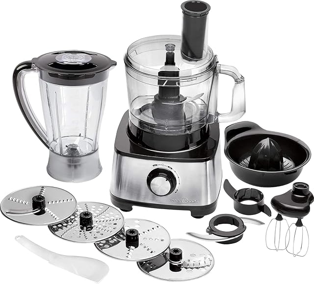 ProfiCook PC-KM 1063 kompaktowy robot kuchenny z obudową ze stali nierdzewnej, miksowanie, wyciskarka do cytrusów, 1,2 l, otwór do napełniania, z funkcją turbo, w zestawie 11 akcesoriów, 1200 W