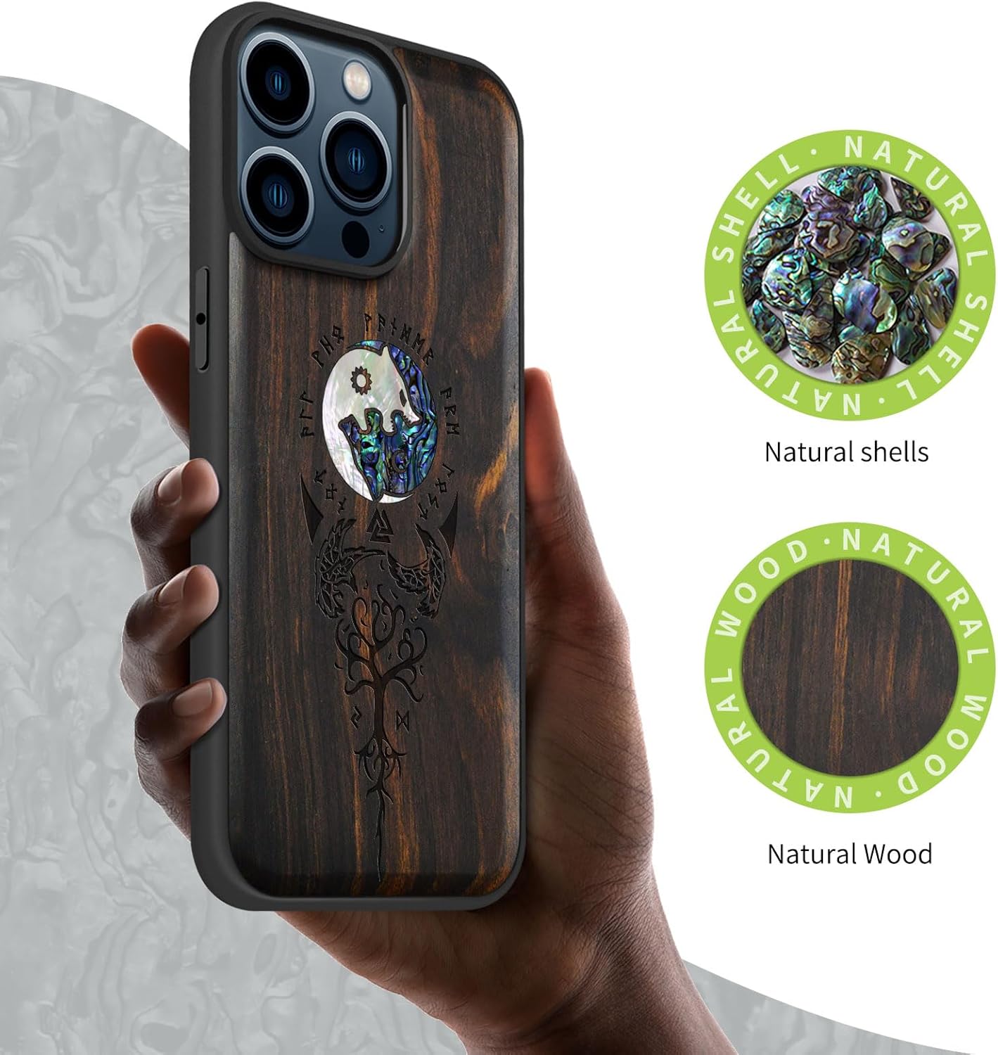 Carveit Wooden Case for iPhone 15 Pro Max Magnetic Case, Compatible with MagSafe Wireless Chargers, Shockproof Cover, Handmade Shell Inlaid & Wood Artisan Engraved (Yin Yang Wolf) Blackwood