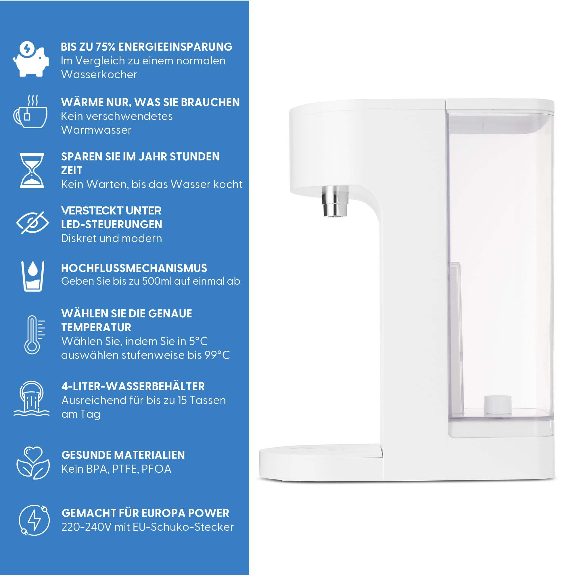 Yum Asia Oyu Digitaler Heißwasserspender mit weißem 'Hidden Under' LED-Touchdisplay, 4 Liter Fassungsvermögen, Ecoboil, InstaHEAT-Technologie, 220-240V, EU Power