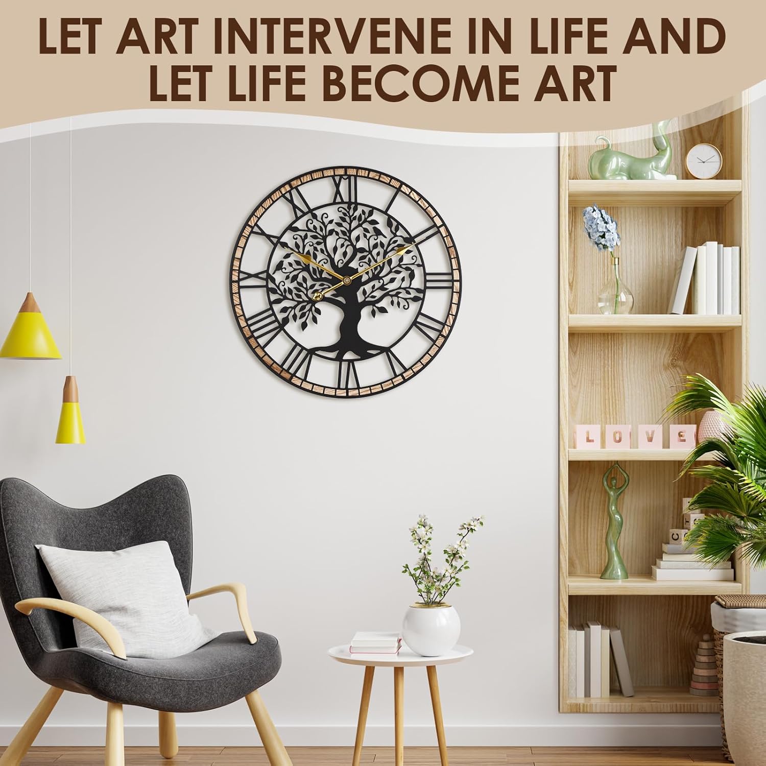 24Inch Non-Ticking Large Wall Clock, Tree of Life Metal Black with Solid Wood Frame, Silent Battery Operated Clock for Living Room, Office, Bedroom, Home