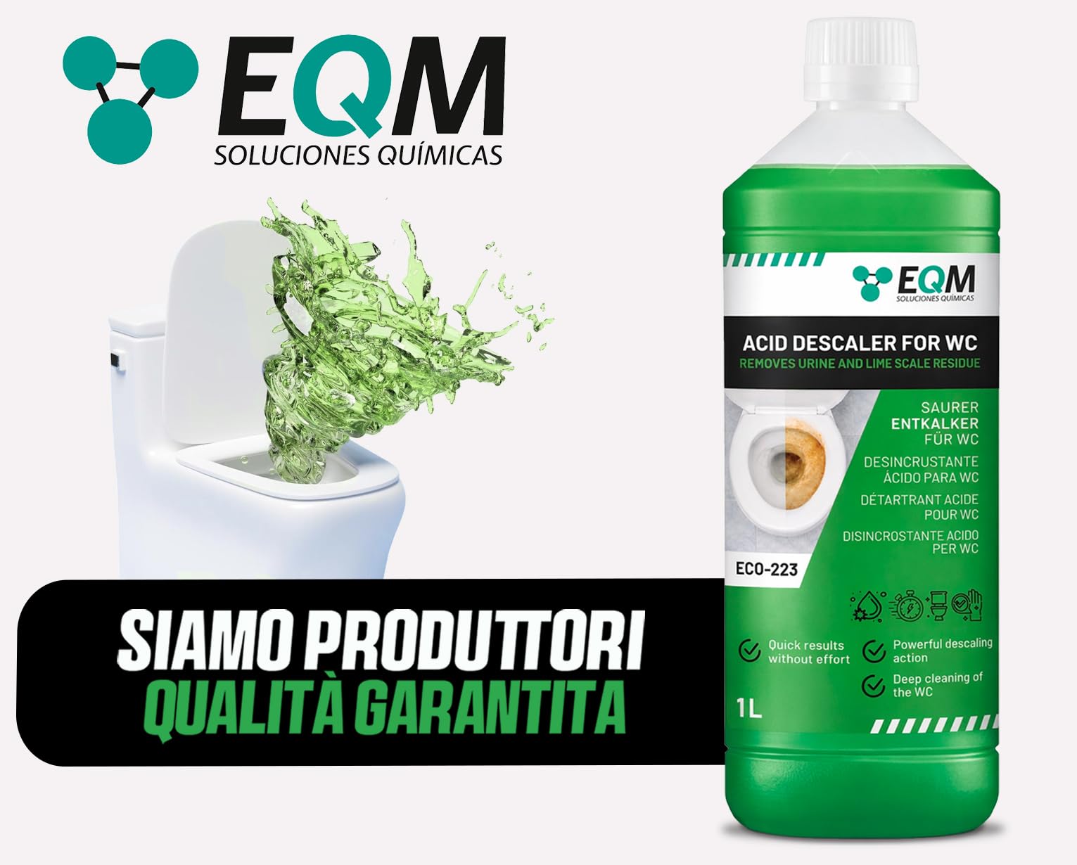 EQM Disincrostante WC Acido 1 L - Anticalcare Potente - Rimuove Calcare Ostinato e Ruggine - Detergente Professionale per Sanitari - Formula ad Alta Prestazione