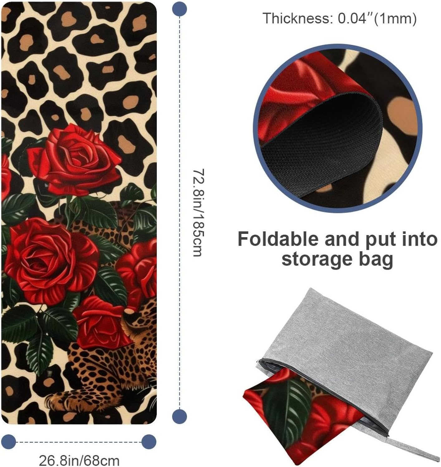Yoga Towel, Leopard Print Red Roses Non Slip Sweat Absorbent Hot Yoga Mat Towel for Hot Yoga, Pilates and Fitness - 72.8" x 26.8"
