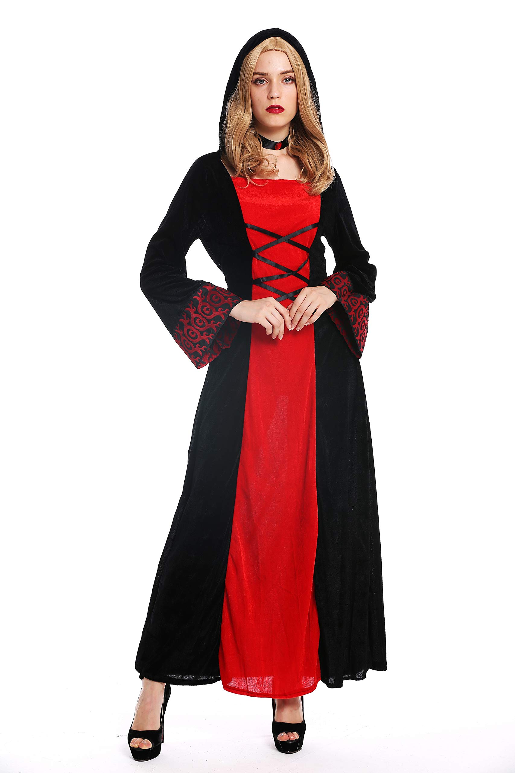 dressmeup W-0032 Lady Woman Costume Fancy Dress Halloween Long Medieval Elf Elfin Fairy Enchantress Dress wide hood black red Size M
