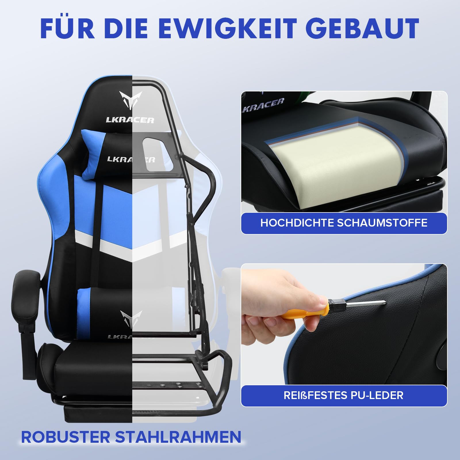 LUCKRACER Fotel gamingowy z podnóżkiem, ergonomiczny, z regulowaną poduszką lędźwiową, poduszka pod głowę, fotel gamingowy, z regulacją wysokości, obciążenie 150 kg, kolor niebieski