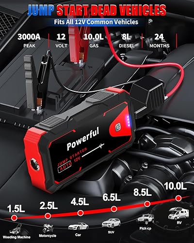 Miniatura 2 de Paquete de energía de arranque de batería de automóvil, 2500 A pico de arranque de coche de 12 V, caja de salto portátil con 3 modos de linterna y