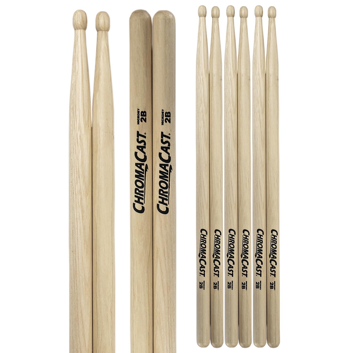 ChromaCast 2B Hickory-Drumsticks aus Hickory, mit Holzspitze, perfekt für Anfänger, Fortgeschrittene und professionelle Schlagzeuger, echtes amerikanisches Hickory-Holz, 4 Paar