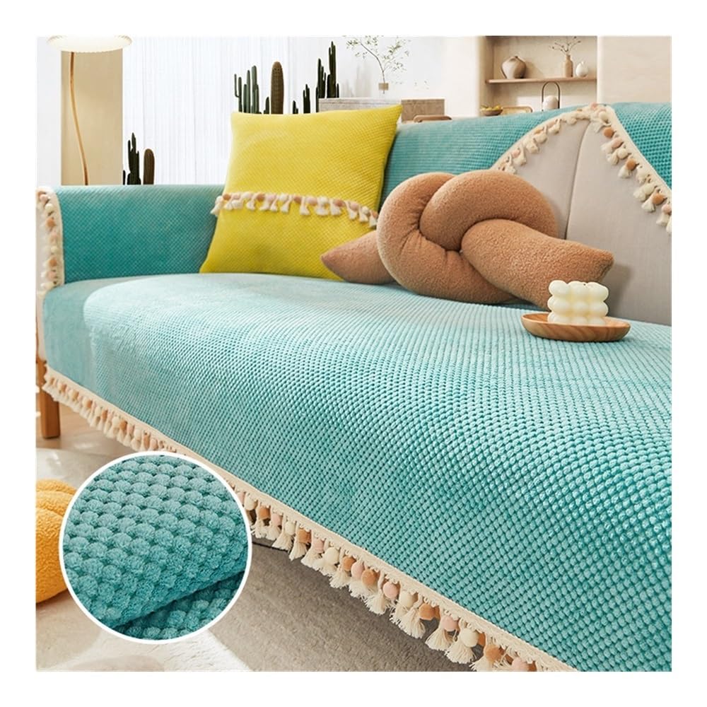 Housse de canapé en chenille 110x210cm beige boho à pompons pour salon chaleureux