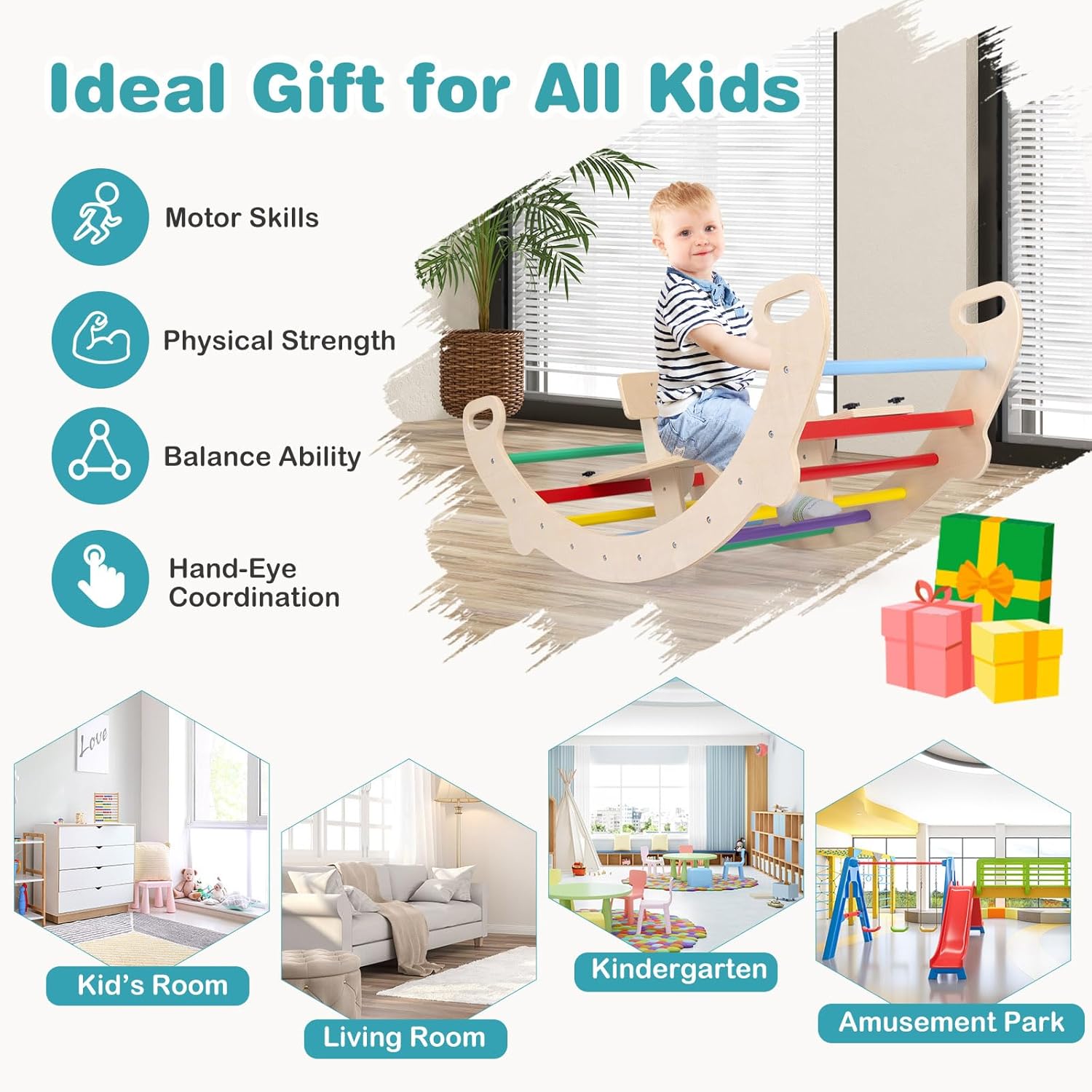 Costzon Wooden Arch Rocker, 4-in-1 Montessori Rocking Toys for Toddlers with Easy-Grip Handles, Children Indoor Gym Learning Rocker Playset, Climbing Ladder Toys for Toddler Kids Gift Presents