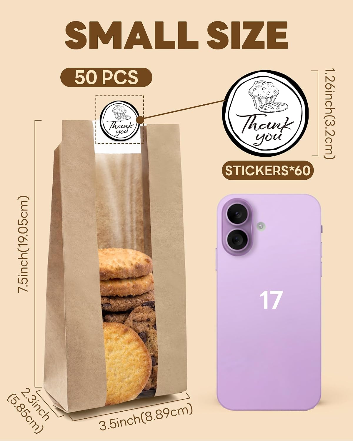 Bake Choice 50 PCS Small Cookie Bags with Seal, 3.5"x 2.3"x7.5 Treat Bags