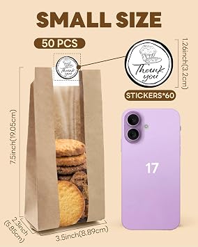 BakeChoice 50 pcs Small Bakery Bags with Window,60 Stickers,Kraft Brown Paper Bags for Cupcake/Cookie/Coffee Bean/Party Favor,Snack Packaging (8,89x5,85x19,05 cm)