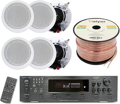 Vaiyer Home Theater System Kit, 6000 Watts Bluetooth Amplifier | with 5.25" 6 Qty of 175 W Each in-Wall in-Ceiling Speakers, 16 Gauge 250 ft. Spool of Speaker Zip Wire, for Home/Office/Bar
