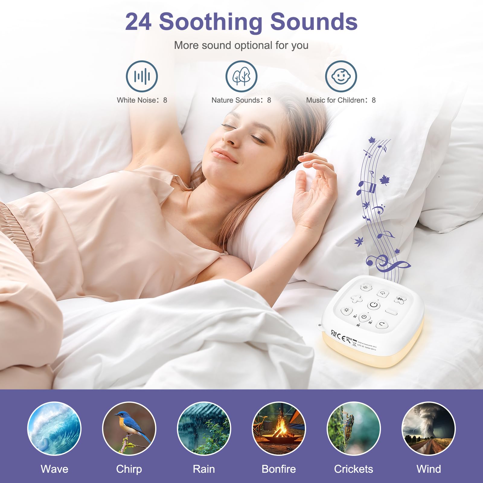Machine à Bruit Blanc 24 sons, Haut-parleur sans Fil, 6 Luminosités Réglable, Machine à Bruit de Sommeil pour Bébé Enfant, Minuterie et Fonction Mémoire pour Yoga, Sommeil, Bureau, Voyage
