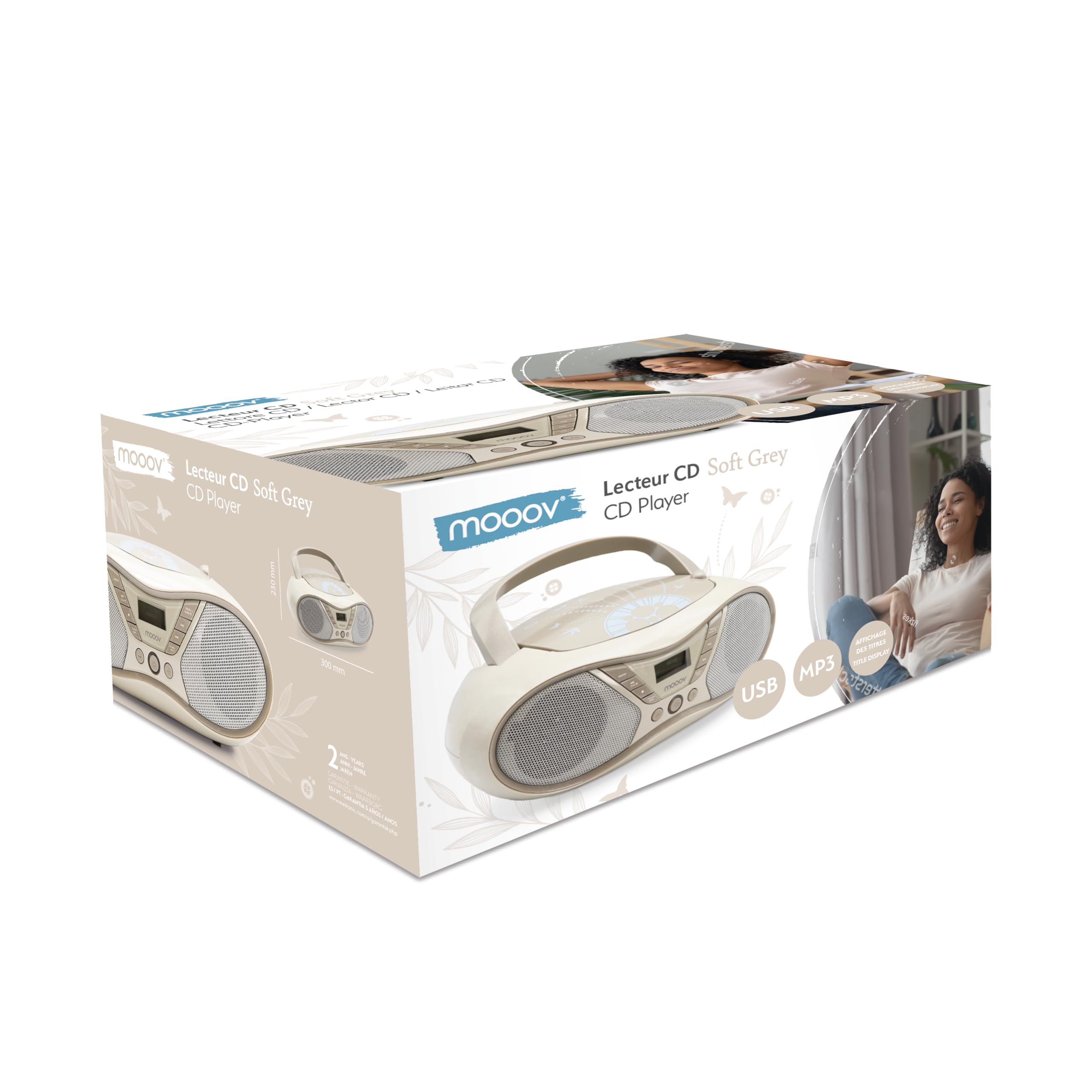 MOOOV Soft Grey, lettore CD portatile, riproduzione CD-R/CD-RW/CD-MP3, radio FM, porta USB, audio stereo 6W, impugnatura ergonomica, funziona su alimentazione o batterie