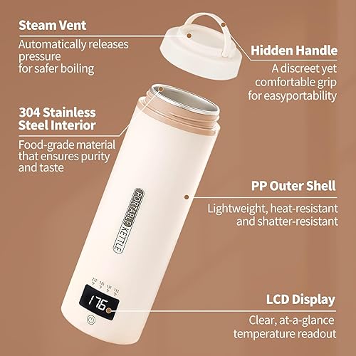 Miniatura 6 de Mini hervidor eléctrico portátil de viaje con 4 ajustes de temperatura, enchufe en acero inoxidable 304, mini hervidor eléctrico de viaje con