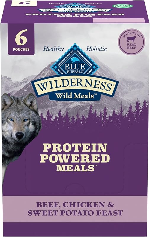 Ração úmida para cães Blue Buffalo Wilderness Beef, Chicken & Sweet Potato Feast, 6 sachês de 255 g